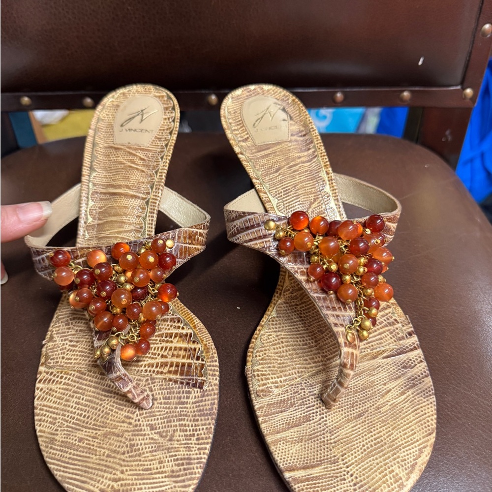 J Vincent Tan and Orange Sandals with Amber  Beadwork - Picture 5 of 5